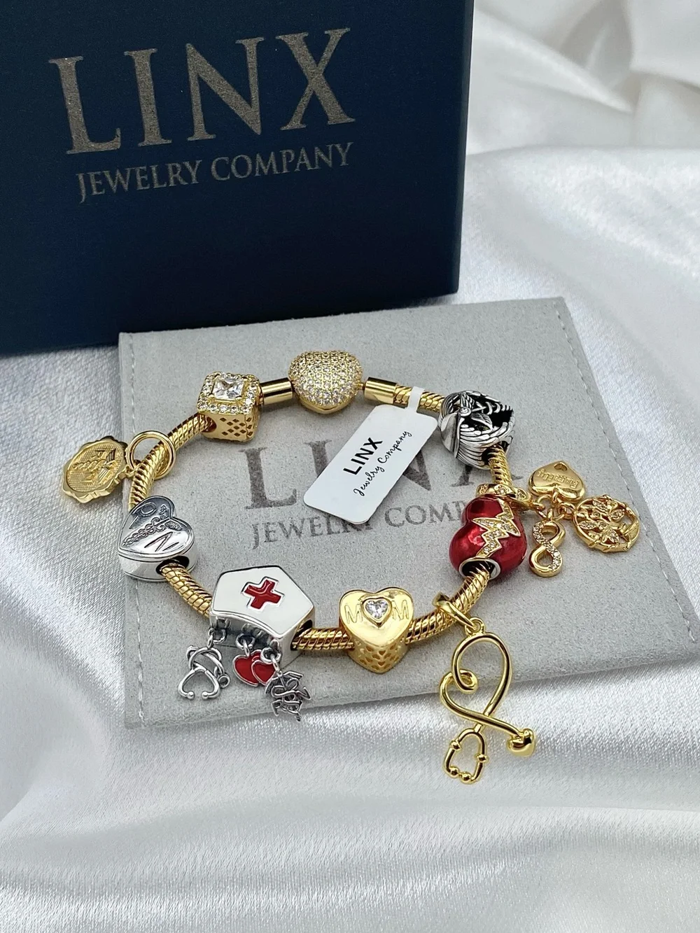 Linx Gold Snake Chain Charm Bracelet with Registered Nurse, Mom & Family Charms